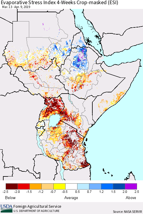 Eastern Africa Evaporative Stress Index (ESI), 4-Weeks over Croplands Thematic Map For 4/8/2019 - 4/14/2019
