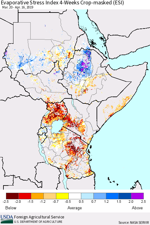 Eastern Africa Evaporative Stress Index (ESI), 4-Weeks over Croplands Thematic Map For 4/15/2019 - 4/21/2019