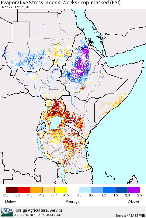 Eastern Africa Evaporative Stress Index (ESI), 4-Weeks over Croplands Thematic Map For 4/22/2019 - 4/28/2019