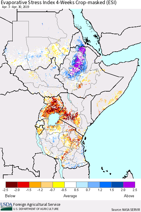 Eastern Africa Evaporative Stress Index (ESI), 4-Weeks over Croplands Thematic Map For 4/29/2019 - 5/5/2019