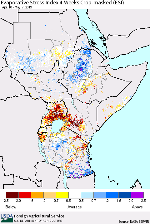 Eastern Africa Evaporative Stress Index (ESI), 4-Weeks over Croplands Thematic Map For 5/6/2019 - 5/12/2019