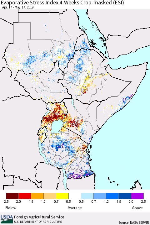 Eastern Africa Evaporative Stress Index (ESI), 4-Weeks over Croplands Thematic Map For 5/13/2019 - 5/19/2019