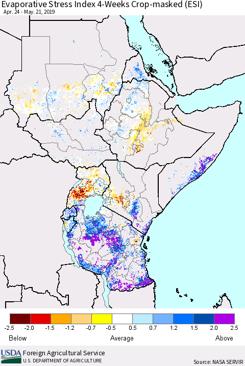 Eastern Africa Evaporative Stress Index (ESI), 4-Weeks over Croplands Thematic Map For 5/20/2019 - 5/26/2019
