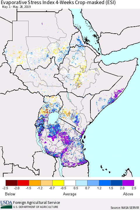 Eastern Africa Evaporative Stress Index (ESI), 4-Weeks over Croplands Thematic Map For 5/27/2019 - 6/2/2019