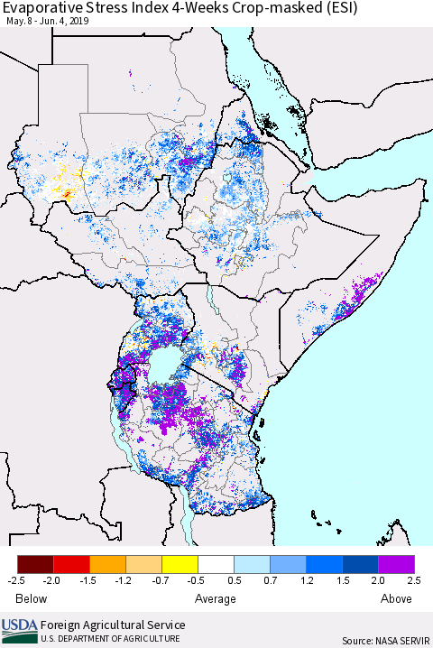 Eastern Africa Evaporative Stress Index (ESI), 4-Weeks over Croplands Thematic Map For 6/3/2019 - 6/9/2019