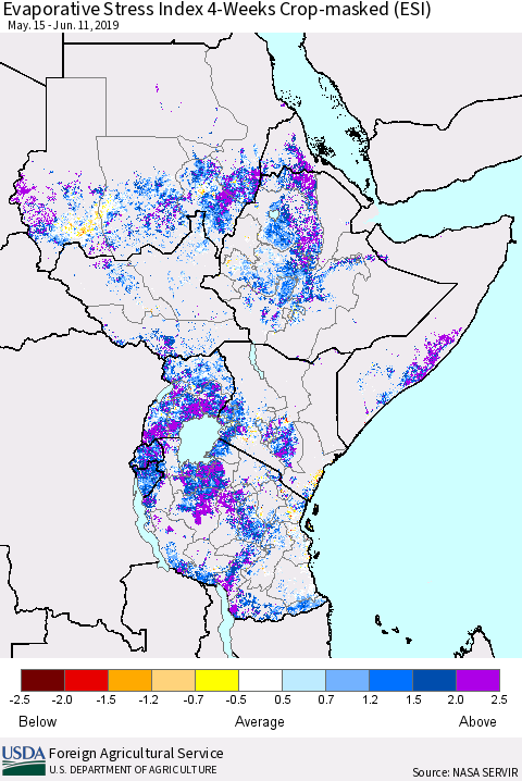 Eastern Africa Evaporative Stress Index (ESI), 4-Weeks over Croplands Thematic Map For 6/10/2019 - 6/16/2019