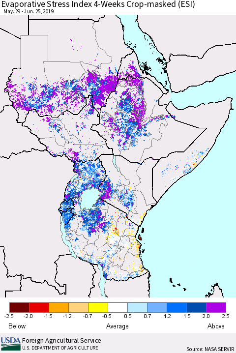 Eastern Africa Evaporative Stress Index (ESI), 4-Weeks over Croplands Thematic Map For 6/24/2019 - 6/30/2019