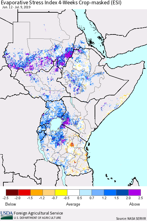 Eastern Africa Evaporative Stress Index (ESI), 4-Weeks over Croplands Thematic Map For 7/8/2019 - 7/14/2019