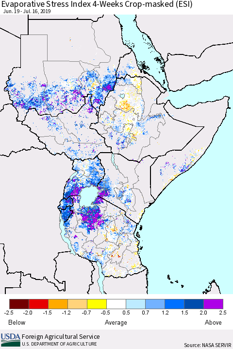 Eastern Africa Evaporative Stress Index (ESI), 4-Weeks over Croplands Thematic Map For 7/15/2019 - 7/21/2019