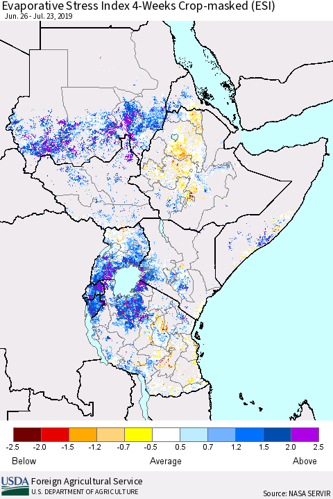 Eastern Africa Evaporative Stress Index (ESI), 4-Weeks over Croplands Thematic Map For 7/22/2019 - 7/28/2019