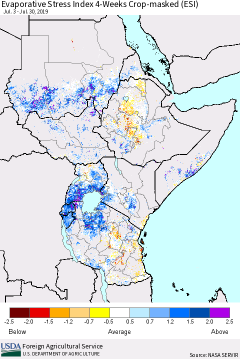 Eastern Africa Evaporative Stress Index (ESI), 4-Weeks over Croplands Thematic Map For 7/29/2019 - 8/4/2019