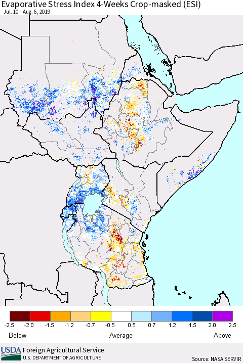 Eastern Africa Evaporative Stress Index (ESI), 4-Weeks over Croplands Thematic Map For 8/5/2019 - 8/11/2019