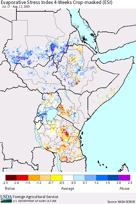 Eastern Africa Evaporative Stress Index (ESI), 4-Weeks over Croplands Thematic Map For 8/12/2019 - 8/18/2019