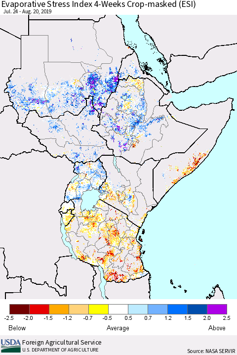 Eastern Africa Evaporative Stress Index (ESI), 4-Weeks over Croplands Thematic Map For 8/19/2019 - 8/25/2019