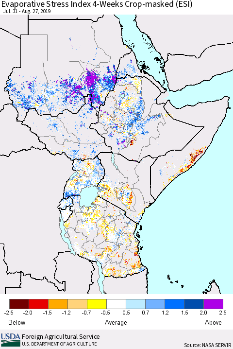 Eastern Africa Evaporative Stress Index (ESI), 4-Weeks over Croplands Thematic Map For 8/26/2019 - 9/1/2019