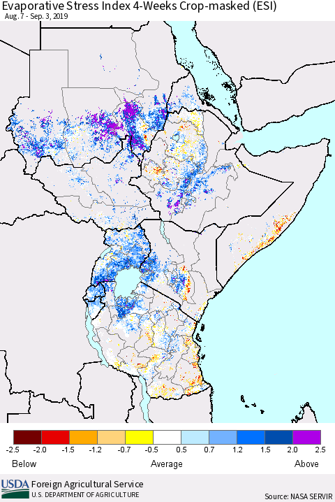 Eastern Africa Evaporative Stress Index (ESI), 4-Weeks over Croplands Thematic Map For 9/2/2019 - 9/8/2019
