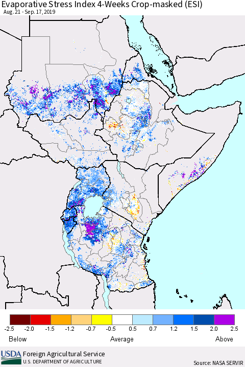 Eastern Africa Evaporative Stress Index (ESI), 4-Weeks over Croplands Thematic Map For 9/16/2019 - 9/22/2019