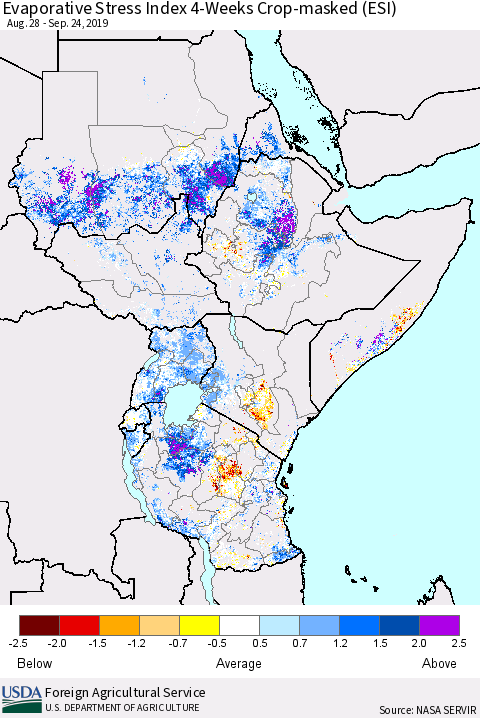 Eastern Africa Evaporative Stress Index (ESI), 4-Weeks over Croplands Thematic Map For 9/23/2019 - 9/29/2019