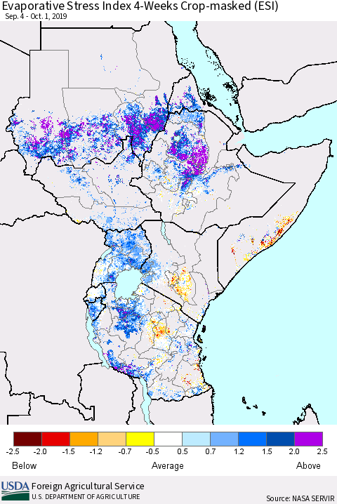 Eastern Africa Evaporative Stress Index (ESI), 4-Weeks over Croplands Thematic Map For 9/30/2019 - 10/6/2019