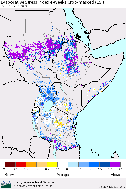 Eastern Africa Evaporative Stress Index (ESI), 4-Weeks over Croplands Thematic Map For 10/7/2019 - 10/13/2019