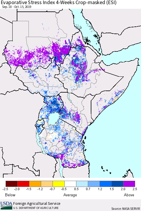 Eastern Africa Evaporative Stress Index (ESI), 4-Weeks over Croplands Thematic Map For 10/14/2019 - 10/20/2019