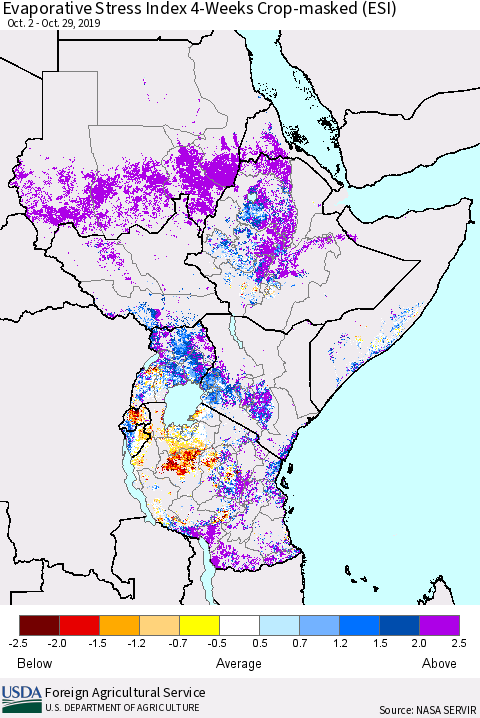 Eastern Africa Evaporative Stress Index (ESI), 4-Weeks over Croplands Thematic Map For 10/28/2019 - 11/3/2019