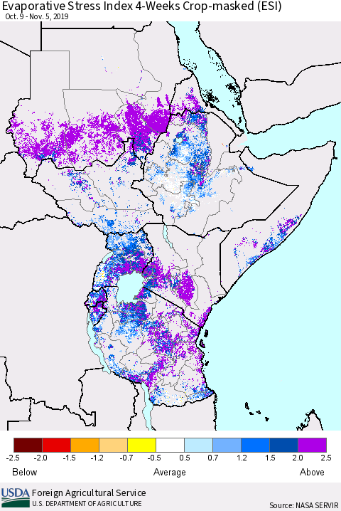 Eastern Africa Evaporative Stress Index (ESI), 4-Weeks over Croplands Thematic Map For 11/4/2019 - 11/10/2019