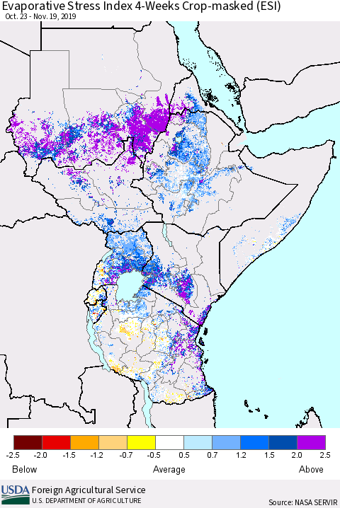 Eastern Africa Evaporative Stress Index (ESI), 4-Weeks over Croplands Thematic Map For 11/18/2019 - 11/24/2019