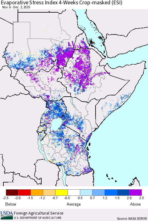 Eastern Africa Evaporative Stress Index (ESI), 4-Weeks over Croplands Thematic Map For 12/2/2019 - 12/8/2019