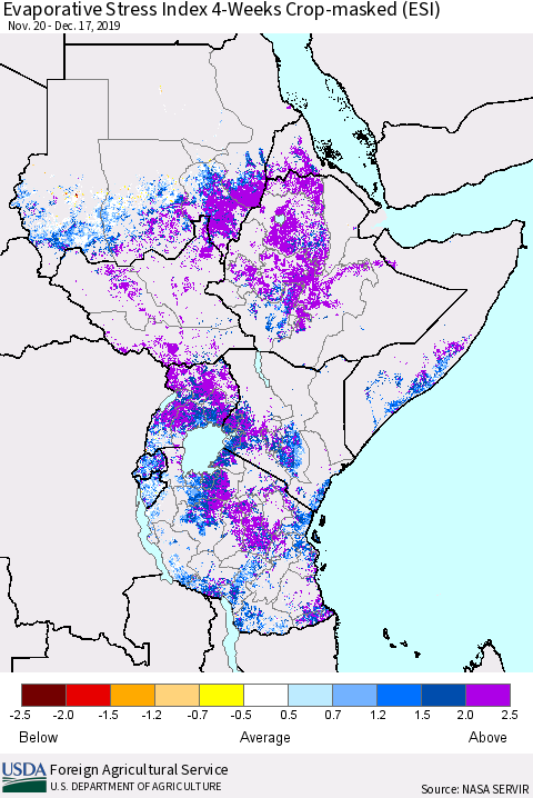 Eastern Africa Evaporative Stress Index (ESI), 4-Weeks over Croplands Thematic Map For 12/16/2019 - 12/22/2019