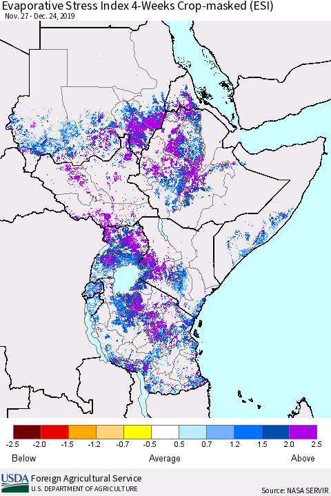 Eastern Africa Evaporative Stress Index (ESI), 4-Weeks over Croplands Thematic Map For 12/23/2019 - 12/29/2019