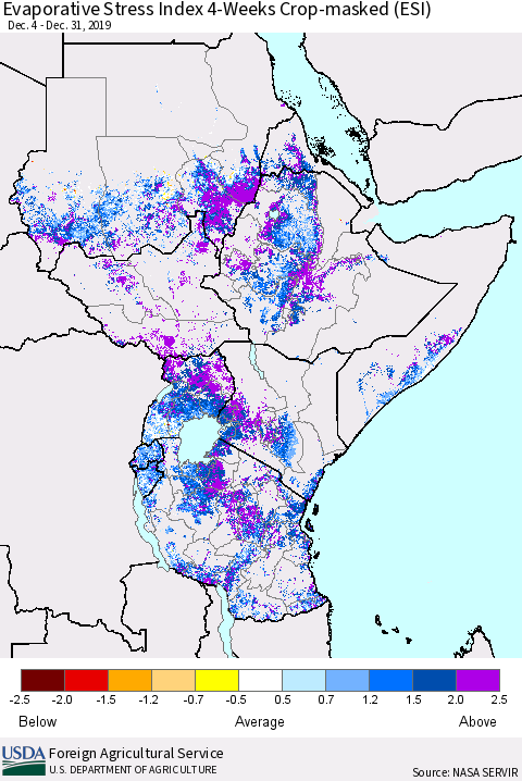 Eastern Africa Evaporative Stress Index (ESI), 4-Weeks over Croplands Thematic Map For 12/30/2019 - 1/5/2020