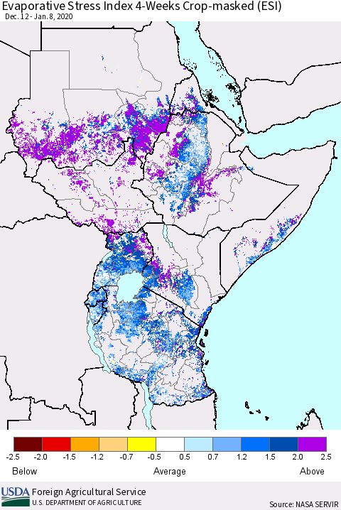 Eastern Africa Evaporative Stress Index (ESI), 4-Weeks over Croplands Thematic Map For 1/6/2020 - 1/12/2020