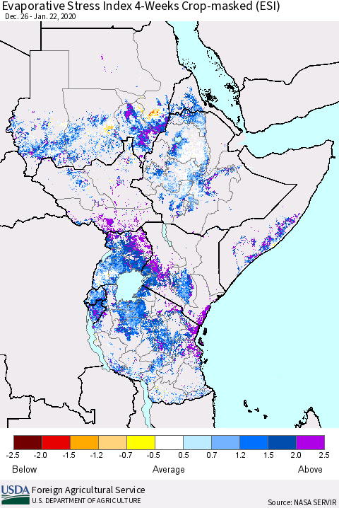 Eastern Africa Evaporative Stress Index (ESI), 4-Weeks over Croplands Thematic Map For 1/20/2020 - 1/26/2020