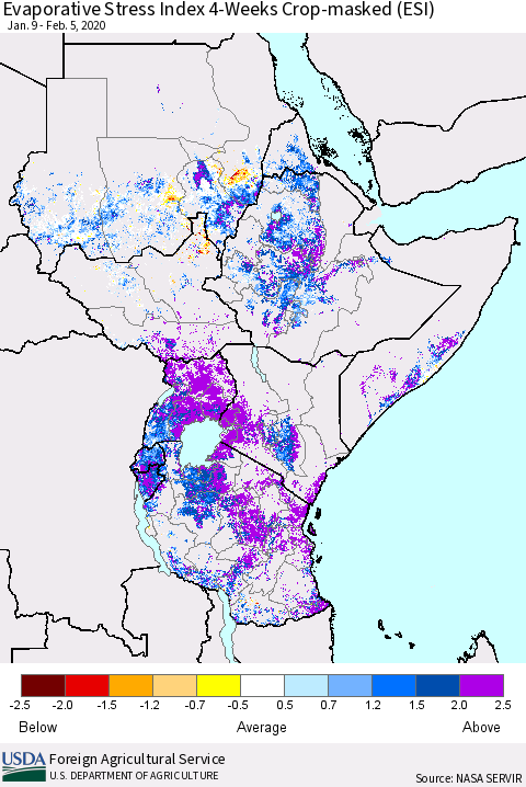 Eastern Africa Evaporative Stress Index (ESI), 4-Weeks over Croplands Thematic Map For 2/3/2020 - 2/9/2020