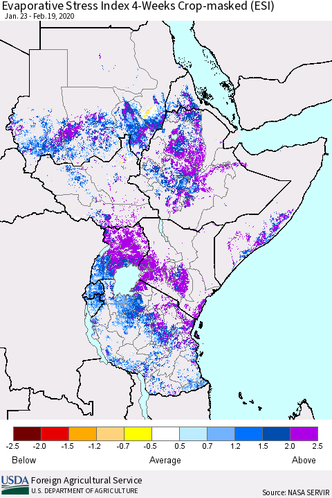 Eastern Africa Evaporative Stress Index (ESI), 4-Weeks over Croplands Thematic Map For 2/17/2020 - 2/23/2020
