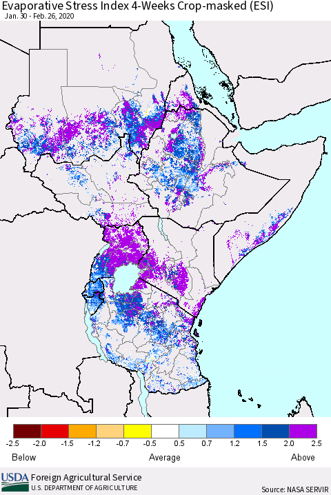 Eastern Africa Evaporative Stress Index (ESI), 4-Weeks over Croplands Thematic Map For 2/24/2020 - 3/1/2020