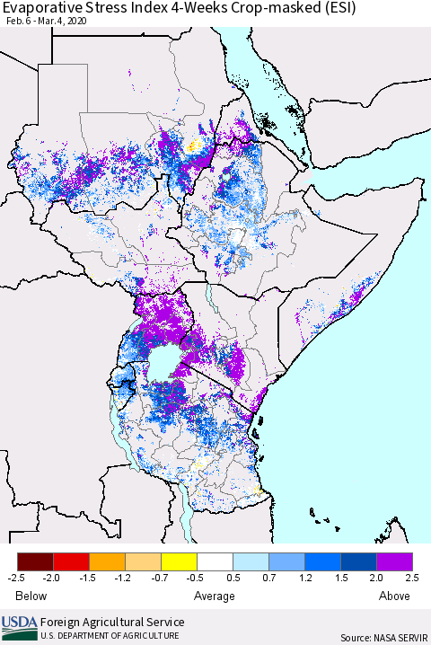 Eastern Africa Evaporative Stress Index (ESI), 4-Weeks over Croplands Thematic Map For 3/2/2020 - 3/8/2020