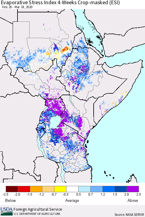 Eastern Africa Evaporative Stress Index (ESI), 4-Weeks over Croplands Thematic Map For 3/16/2020 - 3/22/2020