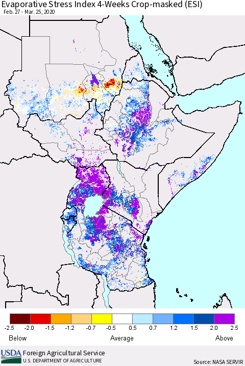 Eastern Africa Evaporative Stress Index (ESI), 4-Weeks over Croplands Thematic Map For 3/23/2020 - 3/29/2020