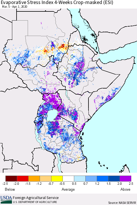 Eastern Africa Evaporative Stress Index (ESI), 4-Weeks over Croplands Thematic Map For 3/30/2020 - 4/5/2020