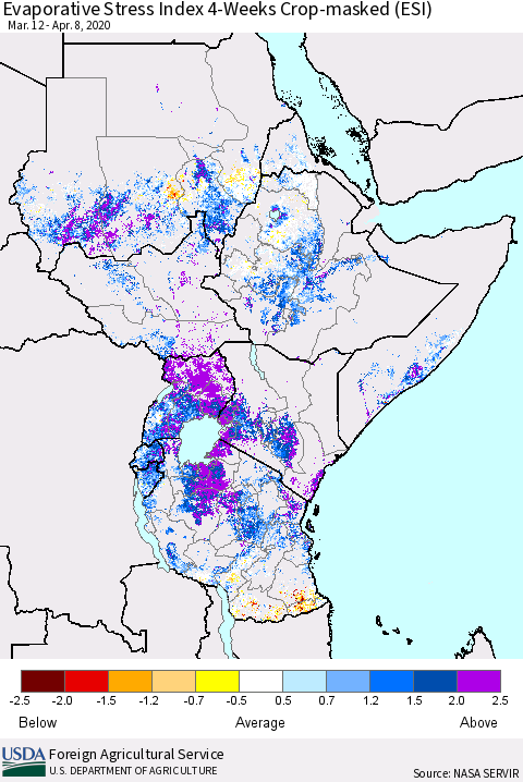 Eastern Africa Evaporative Stress Index (ESI), 4-Weeks over Croplands Thematic Map For 4/6/2020 - 4/12/2020