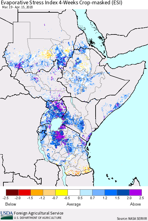 Eastern Africa Evaporative Stress Index (ESI), 4-Weeks over Croplands Thematic Map For 4/13/2020 - 4/19/2020