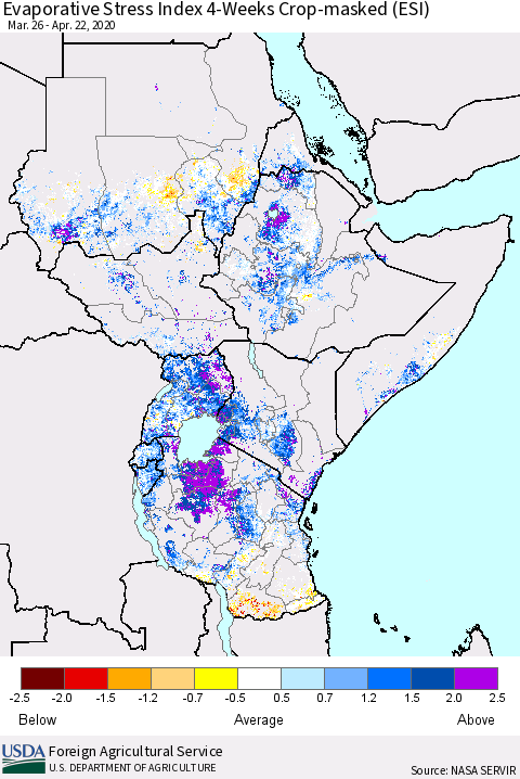 Eastern Africa Evaporative Stress Index (ESI), 4-Weeks over Croplands Thematic Map For 4/20/2020 - 4/26/2020
