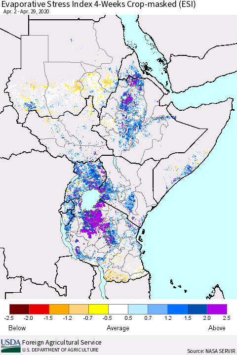 Eastern Africa Evaporative Stress Index (ESI), 4-Weeks over Croplands Thematic Map For 4/27/2020 - 5/3/2020