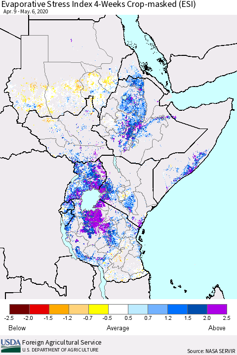 Eastern Africa Evaporative Stress Index (ESI), 4-Weeks over Croplands Thematic Map For 5/4/2020 - 5/10/2020