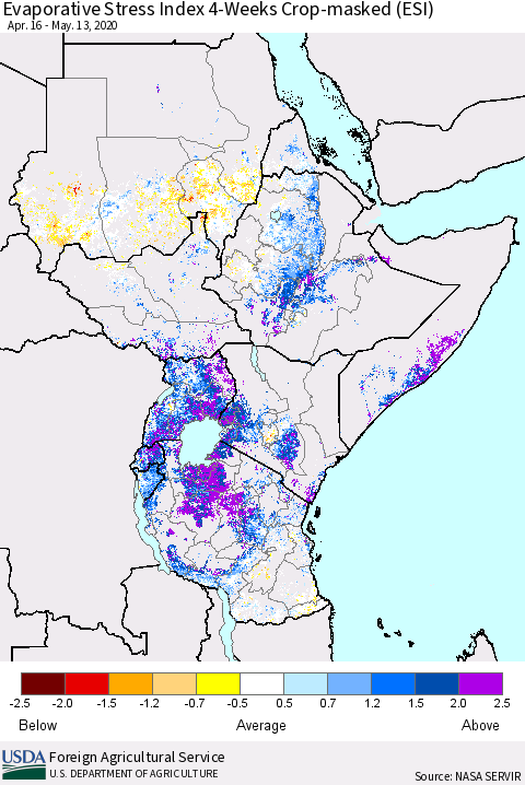 Eastern Africa Evaporative Stress Index (ESI), 4-Weeks over Croplands Thematic Map For 5/11/2020 - 5/17/2020