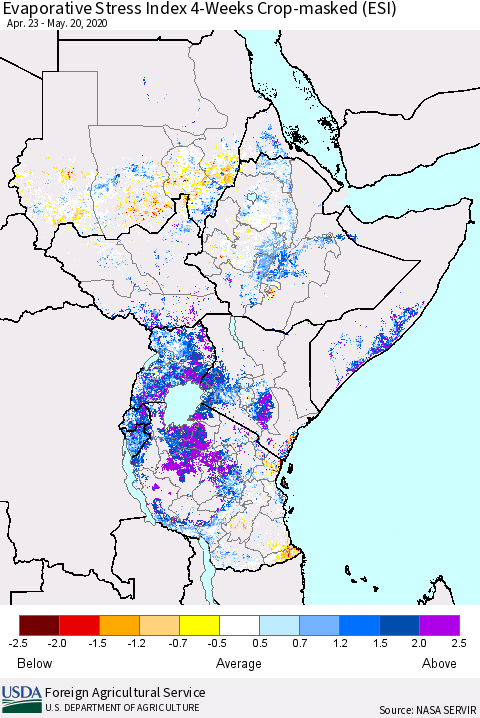 Eastern Africa Evaporative Stress Index (ESI), 4-Weeks over Croplands Thematic Map For 5/18/2020 - 5/24/2020