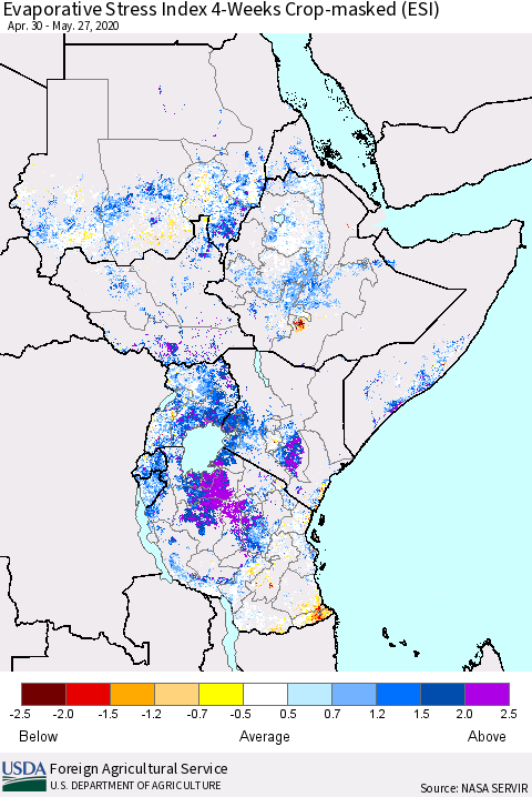 Eastern Africa Evaporative Stress Index (ESI), 4-Weeks over Croplands Thematic Map For 5/25/2020 - 5/31/2020