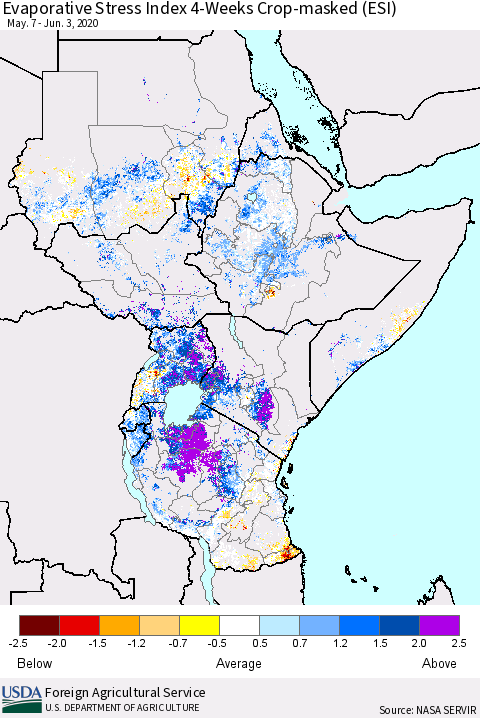 Eastern Africa Evaporative Stress Index (ESI), 4-Weeks over Croplands Thematic Map For 6/1/2020 - 6/7/2020